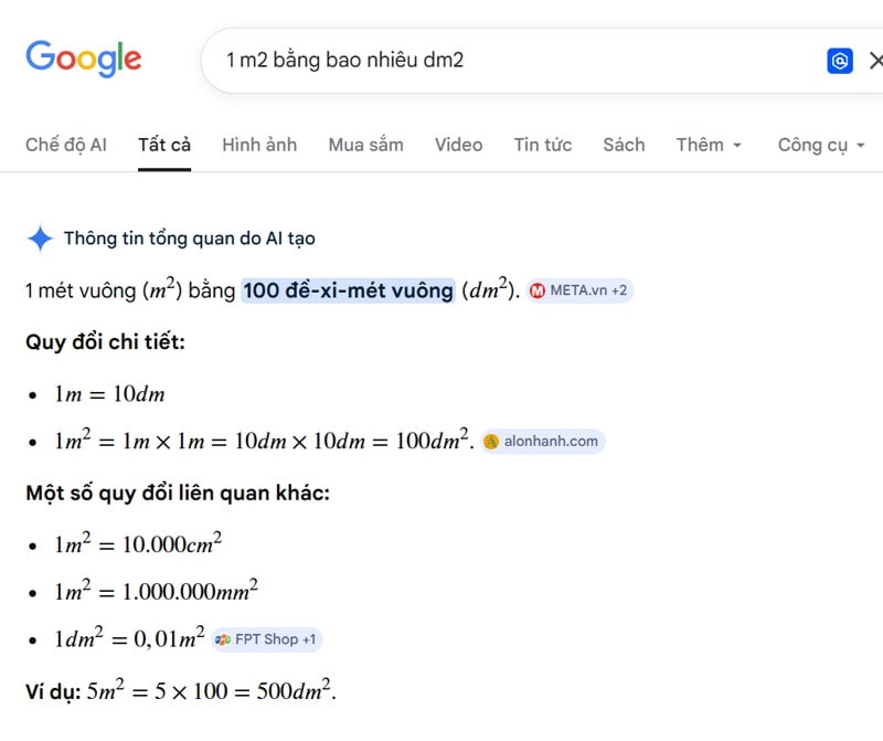 Cách đổi 1 mét vuông bằng sang đề xi mét vuông bằng công cụ trực tuyến